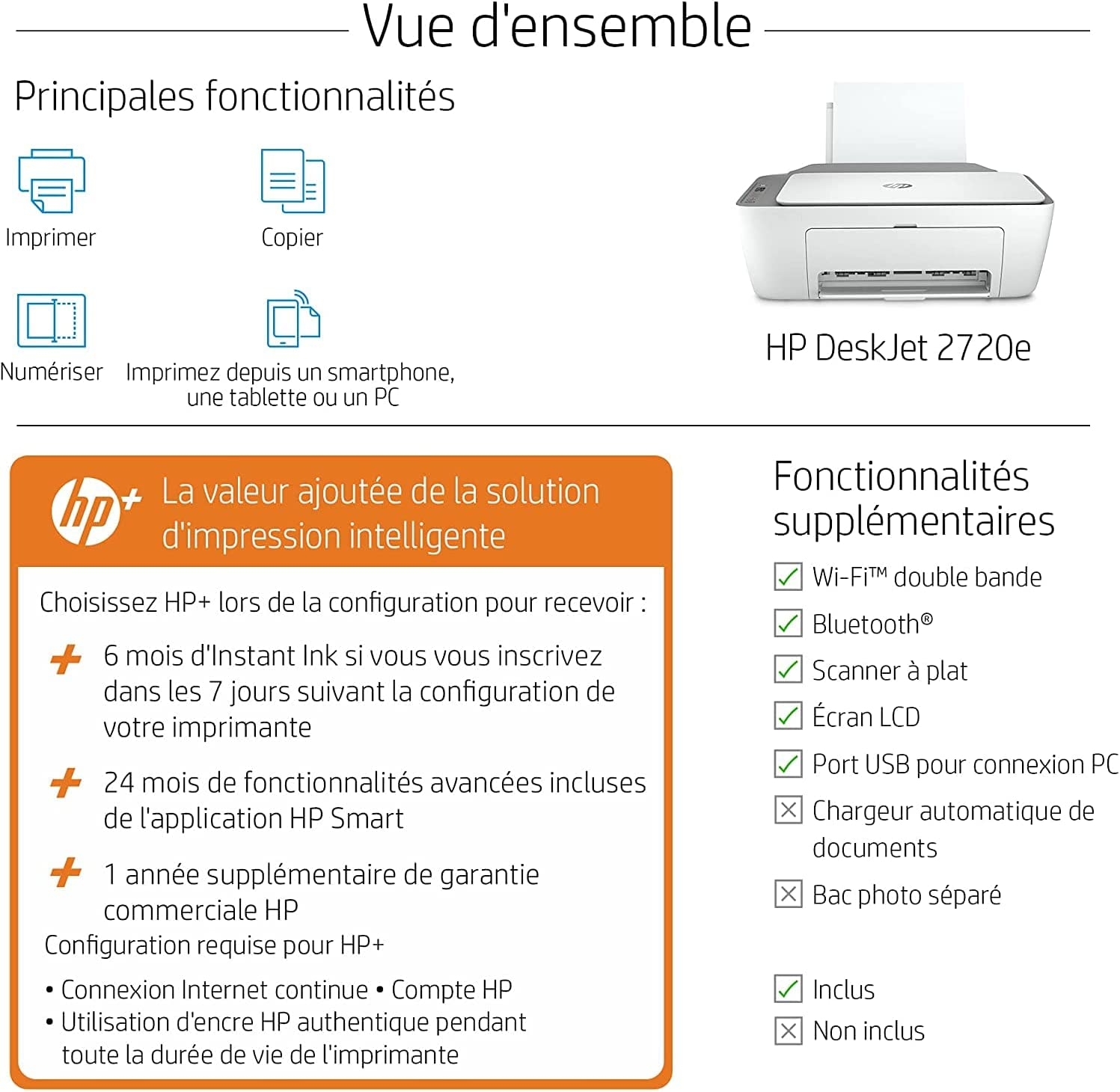 HP DeskJet 2720e Imprimante tout en un – Jet d'encre couleur – 6 mois  d'Instant Ink inclus avec HP+ (Photocopie, Scan, – La Boutique Diverse