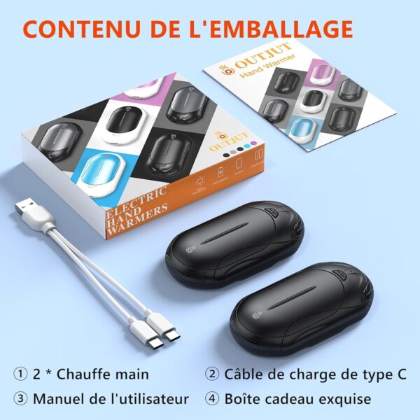 OUTJUT Chauffe Main 2 Packs, 6000mAh Chaufferette Main Reutilisable, USB  Chauffe-Mains 3 Modes de Chauffage 2S Rapide, pour – La Boutique Diverse